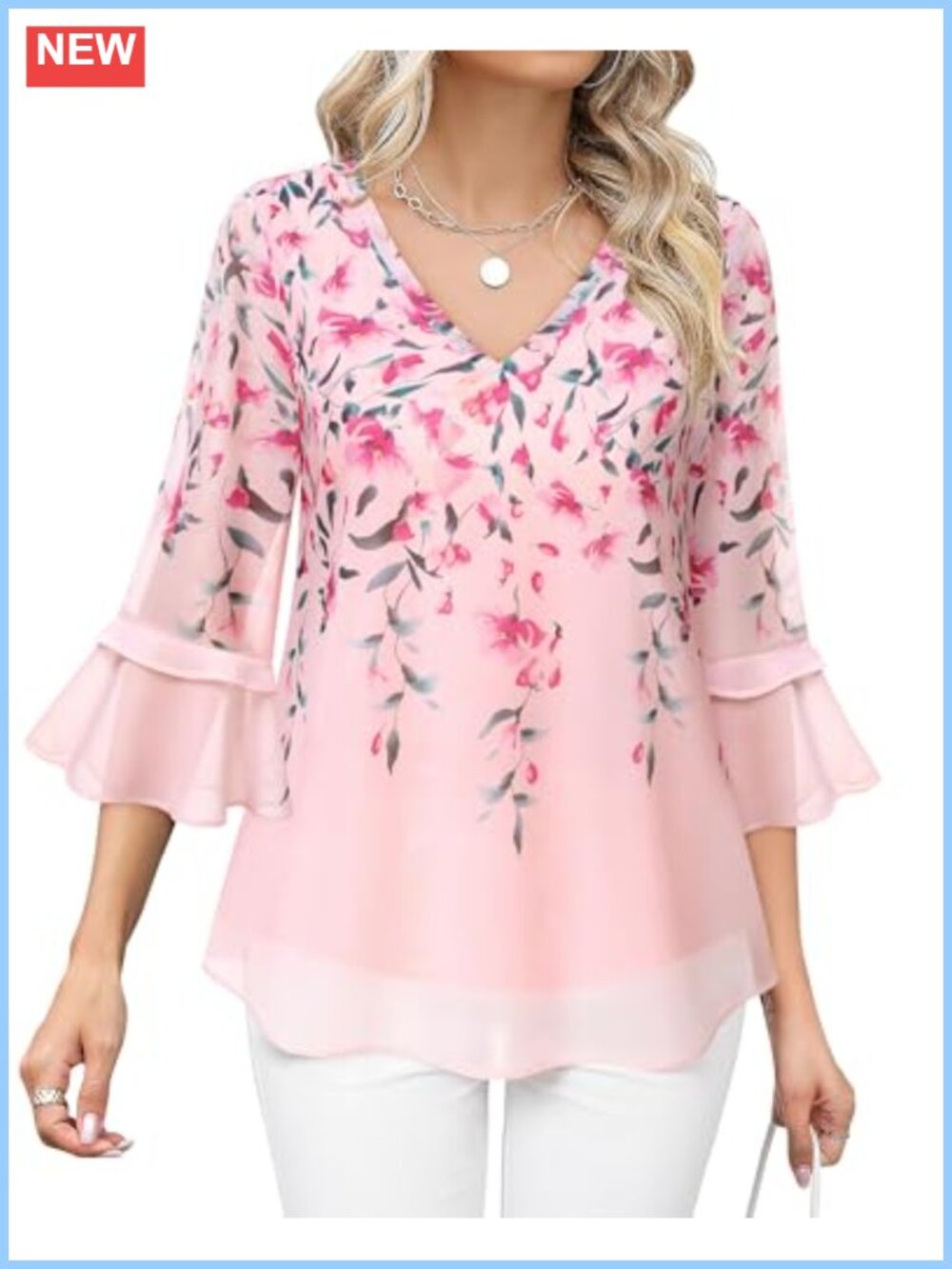 Womens Ruffle 3/4 Sleeve V Neck Floral Chiffon Blouse Tunic Top